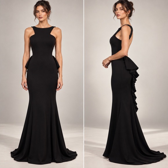 Xscape Dresses & Skirts - XSCAPE Gown Women 4 Black Open Back Ruffle Peplum Cutout Maxi Train minimalist